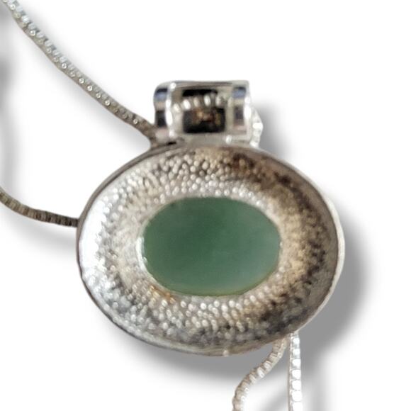 Vintage 925 Sterling Silver Oval Cabochon Jade 18" Open Box link Chain Pendant - Picture 5 of 6